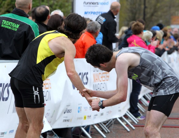 Manchester Marathon 2015  finish mens winner Paul Martelletti and second