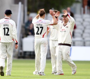 LANCASHIRE COUNTY CRICKET CLUB Emirates Old Trafford LV= County Championship LANCS V GLOUCESTERSHIRE 10/05/15 Day1 Kyle Jarvis takes the wicket of Jones