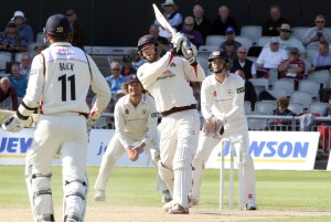 LANCASHIRE COUNTY CRICKET CLUB Emirates Old Trafford LV= County Championship LANCS V GLOUCESTERSHIRE 13/05/15 Day4 Jordan Clark hits a six