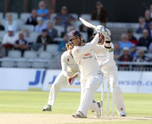LANCASHIRE COUNTY CRICKET CLUB Emirates Old Trafford LV= County Championship LANCS V GLOUCESTERSHIRE 13/05/15 Day4 Nathan Buck  hits a six