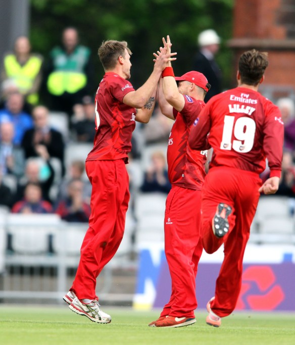 LANCASHIRE COUNTY CRICKET CLUB Emirates Old Trafford NatWest t20 Blast, North Group:  Lancashire Lightning v Leicestershire Foxes 15/05/15 Tom Bailey celebratesMJ Cosgrove* c Davies b Bailey