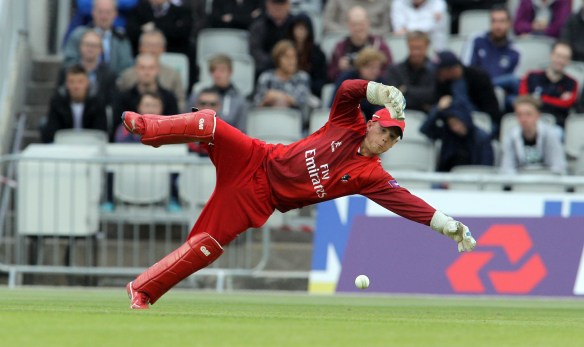 LANCASHIRE COUNTY CRICKET CLUB Emirates Old Trafford NatWest t20 Blast, North Group:  Lancashire Lightning v Leicestershire Foxes 15/05/15 Alex Davies dives for a stop