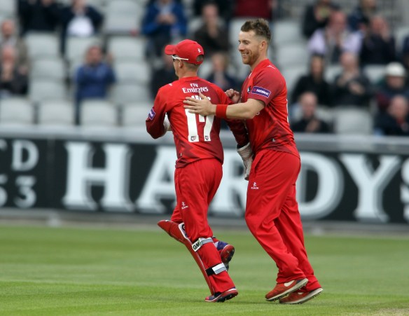 LANCASHIRE COUNTY CRICKET CLUB Emirates Old Trafford NatWest t20 Blast, North Group:  Lancashire Lightning v Leicestershire Foxes 15/05/15 lCroft celebrates eicsEJH Eckersley c Brown b Croft