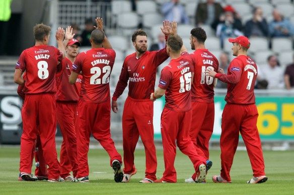 LANCASHIRE COUNTY CRICKET CLUB Emirates Old Trafford NatWest t20 Blast, North Group:  Lancashire Lightning v Leicestershire Foxes 15/05/15 lCroft celebrates eicsEJH Eckersley c Brown b Croft
