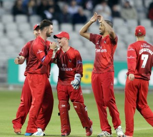LANCASHIRE COUNTY CRICKET CLUB Emirates Old Trafford NatWest t20 Blast, North Group:  Lancashire Lightning v Leicestershire Foxes 15/05/15 George Edwards celebrates