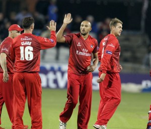 LANCASHIRE COUNTY CRICKET CLUB Emirates Old Trafford NatWest t20 Blast, North Group:  Lancashire Lightning v Leicestershire Foxes 15/05/15 George Edwards celebrates