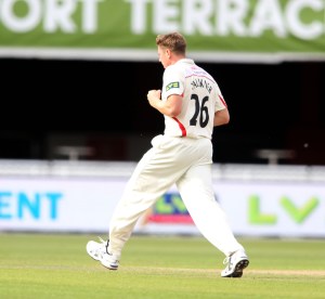 LANCASHIRE COUNTY CRICKET CLUB Emirates Old Trafford Lancashire v Northamptonshire LV= County Championship Division Two, 29/06/15 James Faulkner takes his third  Levic Davies b Faulkner