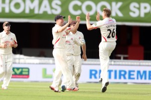 LANCASHIRE COUNTY CRICKET CLUB Emirates Old Trafford Lancashire v Northamptonshire LV= County Championship Division Two, 29/06/15 James Faulkner takes his forth  Levic Davies b Faulkner