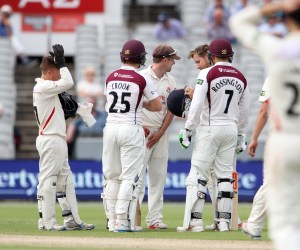 LANCASHIRE COUNTY CRICKET CLUB Emirates Old Trafford Lancashire v Northamptonshire LV= County Championship Division Two, 29/06/15 Steven Croft inspects his helmet after being hit