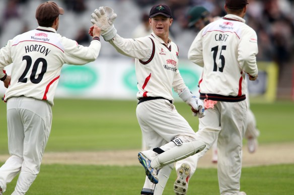 LANCASHIRE COUNTY CRICKET CLUB Emirates Old Trafford Lancashire v Leicestershire LV= County Championship Division Two, 14/06/15 Alex Davies takes the catch for Tom Bailey second wicket