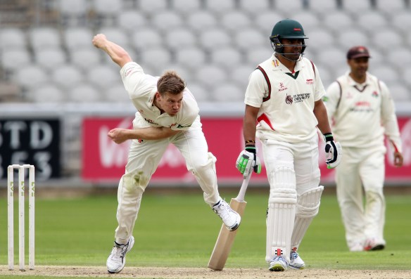 LANCASHIRE COUNTY CRICKET CLUB Emirates Old Trafford Lancashire v Leicestershire LV= County Championship Division Two, 14/06/15 James Faulkner bowling