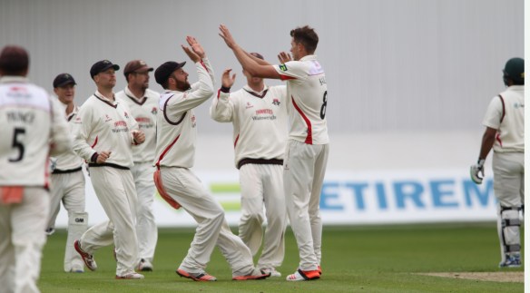 LANCASHIRE COUNTY CRICKET CLUB Emirates Old Trafford Lancashire v Leicestershire LV= County Championship Division Two, 14/06/15 Tom Bailey celebrates  Alex Davies takes the catch to dismiss Akmal