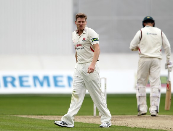 LANCASHIRE COUNTY CRICKET CLUB Emirates Old Trafford Lancashire v Leicestershire LV= County Championship Division Two, 14/06/15 James Faulkner bowling