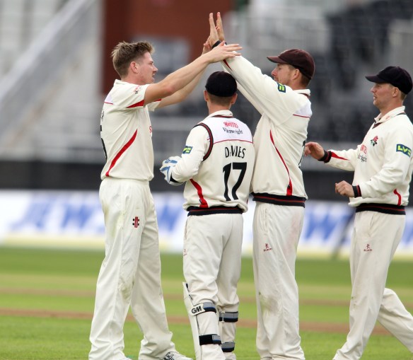 LANCASHIRE COUNTY CRICKET CLUB Emirates Old Trafford Lancashire v Leicestershire LV= County Championship Division Two, 14/06/15 JP Faulkner hat-trick, BA Raine (42.6), JKH Naik (44.1) and CE Shreck (44.2). wicket 2