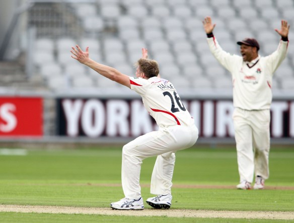 LANCASHIRE COUNTY CRICKET CLUB Emirates Old Trafford Lancashire v Leicestershire LV= County Championship Division Two, 14/06/15 JP Faulkner hat-trick, BA Raine (42.6), JKH Naik (44.1) and CE Shreck (44.2). wicket 3