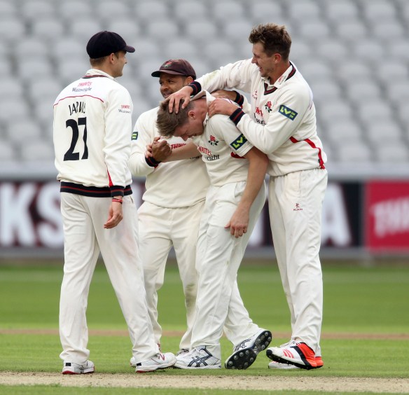 LANCASHIRE COUNTY CRICKET CLUB Emirates Old Trafford Lancashire v Leicestershire LV= County Championship Division Two, 14/06/15 JP Faulkner hat-trick, BA Raine (42.6), JKH Naik (44.1) and CE Shreck (44.2). wicket 3