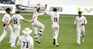 LANCASHIRE COUNTY CRICKET CLUB Emirates Old Trafford Lancashire v Leicestershire LV= County Championship Division Two, 16/06/15 Arron Lilley dismisses Raine