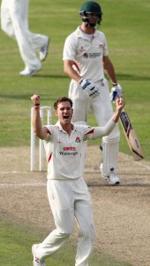 LANCASHIRE COUNTY CRICKET CLUB Emirates Old Trafford Lancashire v Leicestershire LV= County Championship Division Two, 16/06/15 Kyle Jarvis bowling