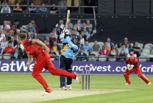 LANCASHIRE COUNTY CRICKET CLUB Emirates Old Trafford Lancashire Lightning v Derbyshire  Nat West t20 Blast 12/06/15 Tom Bailey bowls Godleman