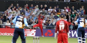 LANCASHIRE COUNTY CRICKET CLUB Emirates Old Trafford Lancashire Lightning v Derbyshire  Nat West t20 Blast 12/06/15 Arron Lilley takes the first bof two catches on the boundary