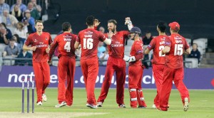LANCASHIRE COUNTY CRICKET CLUB Emirates Old Trafford Lancashire Lightning v Derbyshire  Nat West t20 Blast 12/06/15 Arron Lilley takes the first bof two catches on the boundary