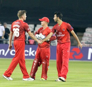 LANCASHIRE COUNTY CRICKET CLUB Emirates Old Trafford Lancashire Lightning v Derbyshire  Nat West t20 Blast 12/06/15 Saqib Mahmood  congratulated on wicket