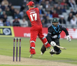 LANCASHIRE COUNTY CRICKET CLUB Emirates Old Trafford Lancashire Lightning v Worcestershire Rapids Nat West t20 Blast 18/06/15 D'Oliveira is run out  (faulkner)