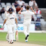 LANCASHIRE COUNTY CRICKET CLUB Emirates Old Trafford Lancashire v Essex LV= County Championship Division Two, 08/07/15 Toby Lester takes the wicket of Mickleburgh