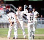 LANCASHIRE COUNTY CRICKET CLUB Emirates Old Trafford Lancashire v Essex LV= County Championship Division Two, 09/07/15 Arron Lilley celebrates the wicket of Mickleburgh