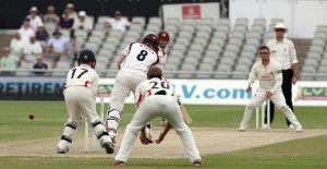 LANCASHIRE COUNTY CRICKET CLUB Emirates Old Trafford Lancs v Northants LV= County Championship Division Two, 01/07/15 Simon Kerrigan bowls Wakely