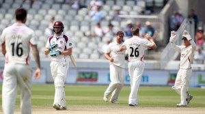 LANCASHIRE COUNTY CRICKET CLUB Emirates Old Trafford Lancs v Northants LV= County Championship Division Two, 01/07/15 James Faulkner gets Keogh LBW