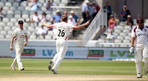 LANCASHIRE COUNTY CRICKET CLUB Emirates Old Trafford Lancs v Northants LV= County Championship Division Two, 01/07/15 James Faulkner gets Levi LBW