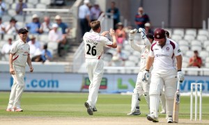 LANCASHIRE COUNTY CRICKET CLUB Emirates Old Trafford Lancs v Northants LV= County Championship Division Two, 01/07/15 James Faulkner gets Levi LBW