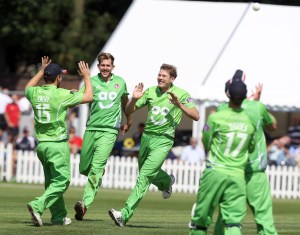 LANCASHIRE COUNTY CRICKET CLUB Blackpool Cricket Club Royal London One-Day Cup Lancashire v Middlesex 29/07/15 James Faulkner celebrates the wicket of Morgan Morgan EJG Morgan*c Davies b Faulkner