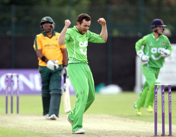 LANCASHIRE COUNTY CRICKET CLUB Liverpool CC Royal London One-Day Cup Lancashire v Nottingham Stephen Parry celebrates his wicket 04/08/15