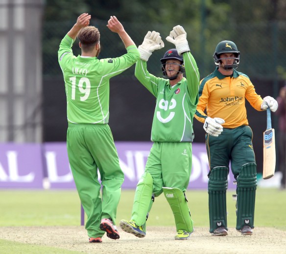LANCASHIRE COUNTY CRICKET CLUB Liverpool CC Royal London One-Day Cup Lancashire v Nottingham Arron Lilley celebrates his first 04/08/15