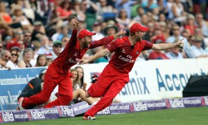 KENT COUNTY CRICKET CLUB t20 blast Quarter final Kent v Lancashire 15/08/15 Arron Lilley and Karl Brown get together to catch Stevens