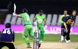 LANCASHIRE COUNTY CRICKET CLUB Emirates Old Trafford Royal London One-Day Cup Lancashire v Glamorgan Karl Brown hitting out 19/08/15