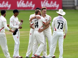 Kyle Jarvis takes the wicket of Bragg c Karl  Brown LANCASHIRE COUNTY CRICKET CLUB Emirates Old Trafford LV= County Championship Lancashire v Glamorgan 24/08/15