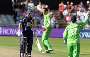 LANCASHIRE COUNTY CRICKET CLUB Emirates Old Trafford Royal London One-Day Cup Lancashire v Warwickshire 02/08/15 Kyle Jarvis celebrates dismisses Ambrose LBW