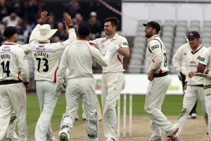 James Anderson dismissesKC Sangakkara LANCASHIRE COUNTY CRICKET CLUB Emirates Old Trafford LV= County Championship Lancashire v Surrey 14/09/15