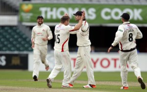 James Anderson is congratulated on his catch to dismiss Ansari on 99 b croft LANCASHIRE COUNTY CRICKET CLUB Emirates Old Trafford LV= County Championship Lancashire v Surrey 14/09/15