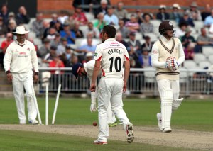 Simon Kerrigan bowls Roy LANCASHIRE COUNTY CRICKET CLUB Emirates Old Trafford LV= County Championship Lancashire v Surrey 15/09/15